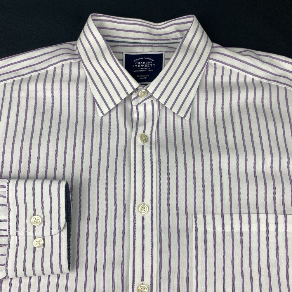 Charles Tyrwhitt Dress Shirt Mens Large White/Purple Stripe Classic Fit Non Iron